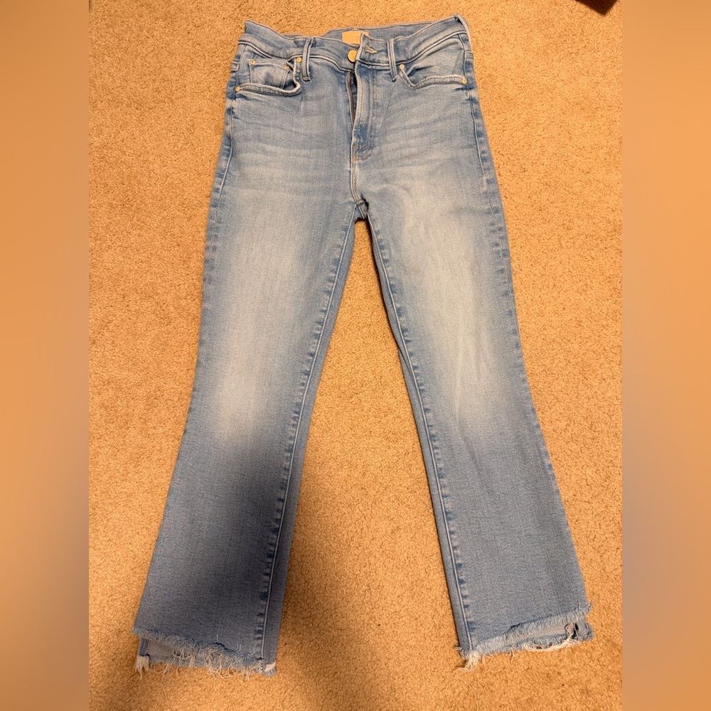 MOTHER Light Blue Flare Capris with Raw Hem